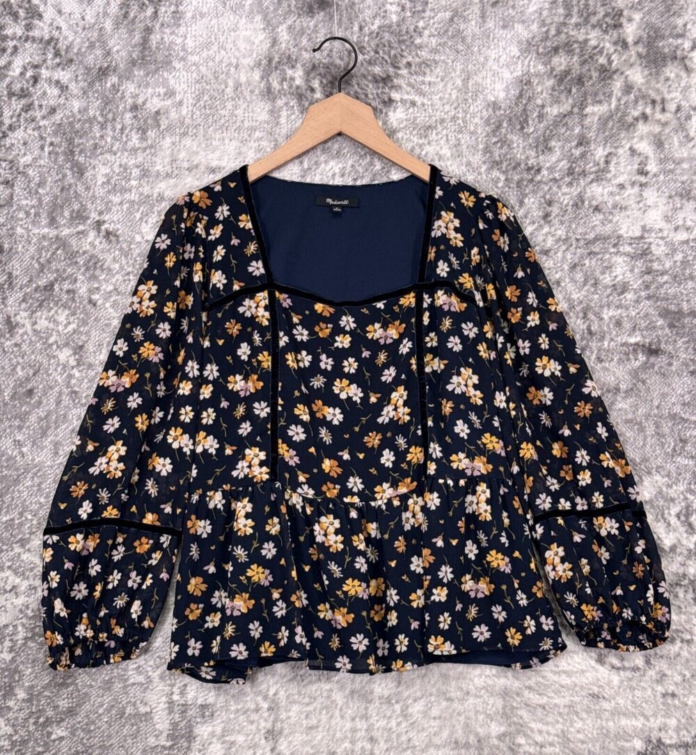 Madewell Top Medium Womens Blue Floral Chiffon Velvet Trim Blouse